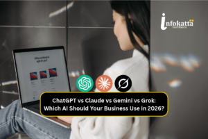 Business owner comparing AI chatbot tools on a laptop